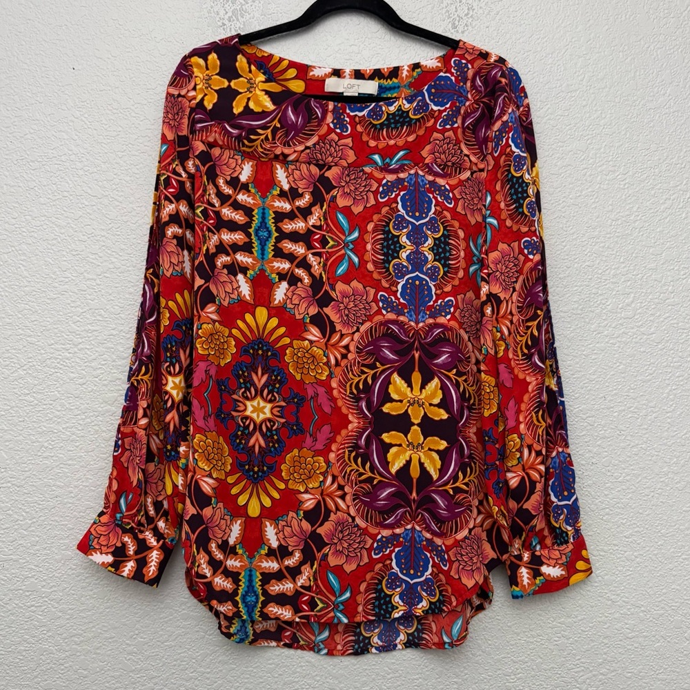 Loft Floral Abstract Print Colorful Vibrant Split Sleeve Top Blouse Size‎ Medium